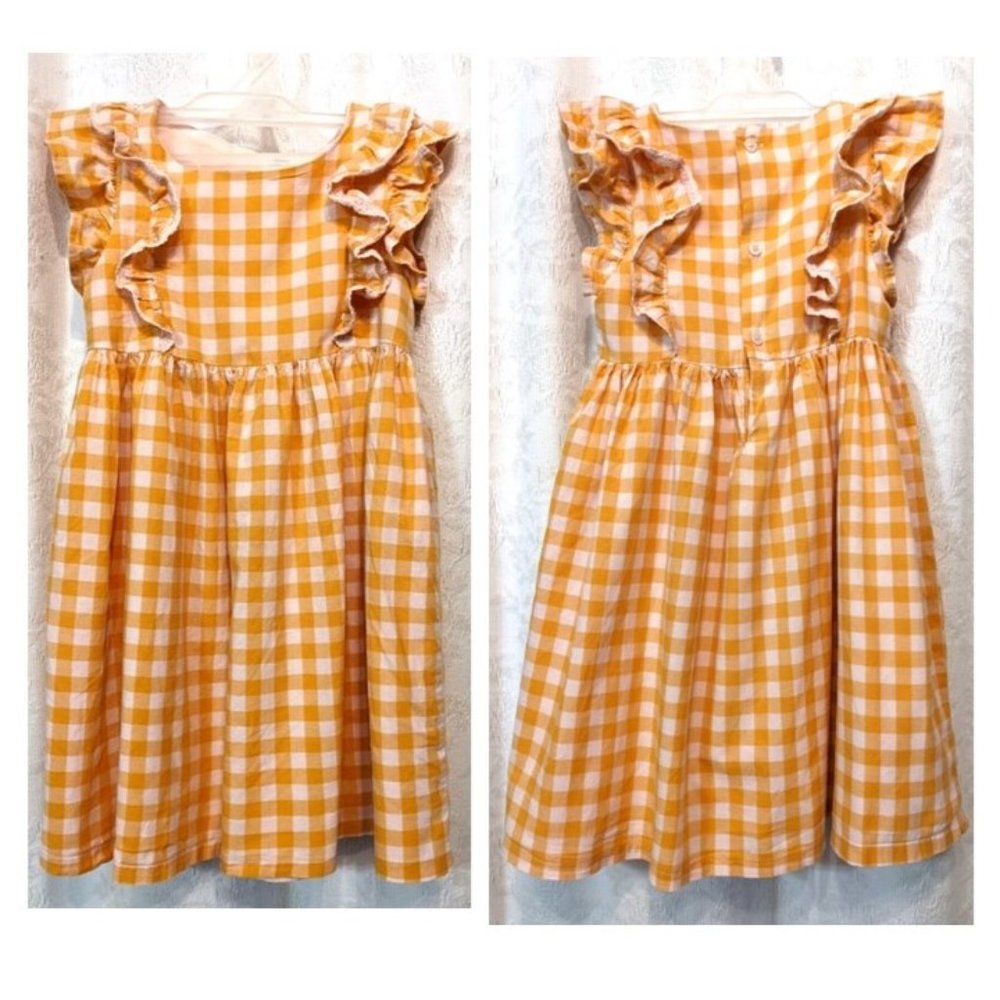 Oshkosh B'gosh Girls Checkered Dress Size 4T Ruffled Lined Mustard Yellow Pink
